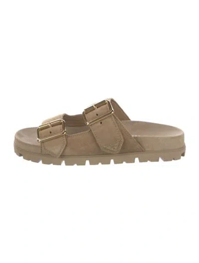 Pre-owned Prada Enameled Metal Triangle Suede Slides In Neutrals