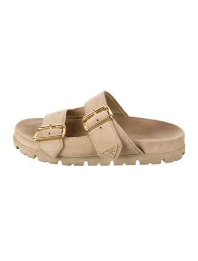 Pre-owned Prada Enameled Metal Triangle Suede Slides In Neutrals