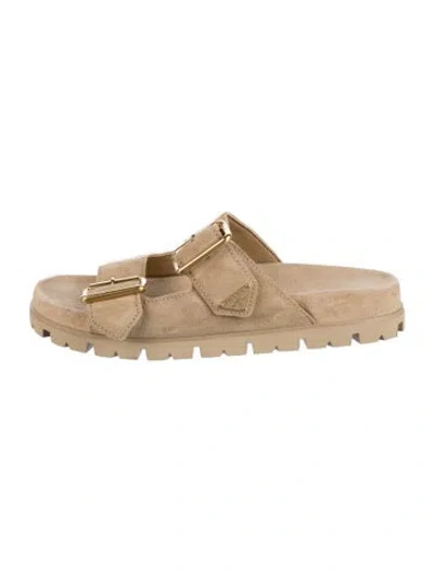 Pre-owned Prada Enameled Metal Triangle Suede Slides In Neutrals