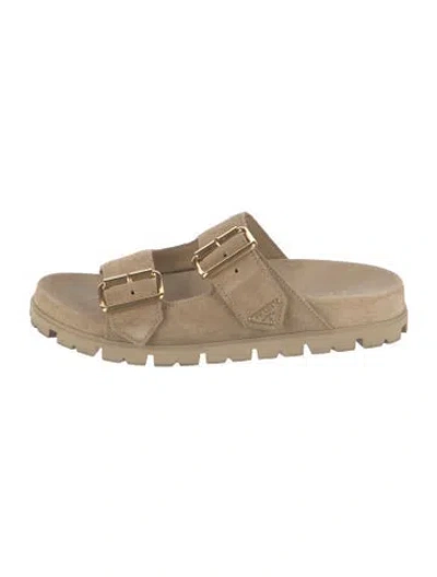 Pre-owned Prada Enameled Metal Triangle Suede Slides In Neutrals