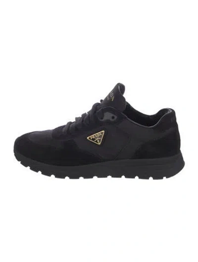 Pre-owned Prada Enameled Metal Triangle Suede Sneakers In Black