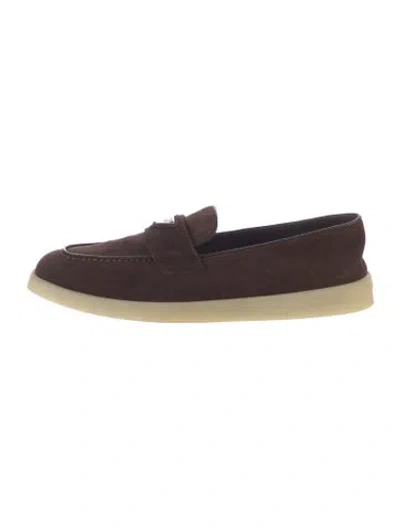 Pre-owned Prada Enameled Metal Triangle Suede Sneakers In Brown