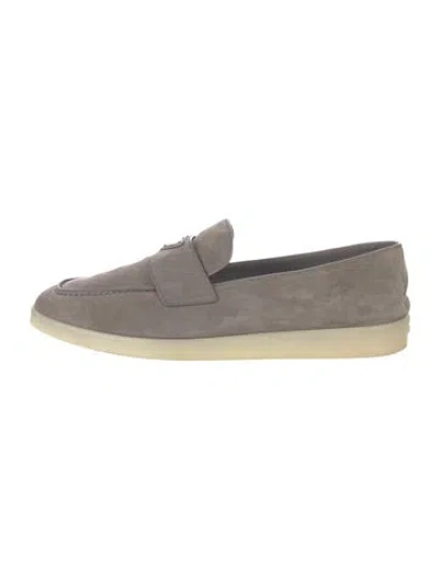 Pre-owned Prada Enameled Metal Triangle Suede Sneakers In Gray