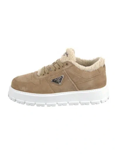 Pre-owned Prada Enameled Metal Triangle Suede Sneakers In Neutral