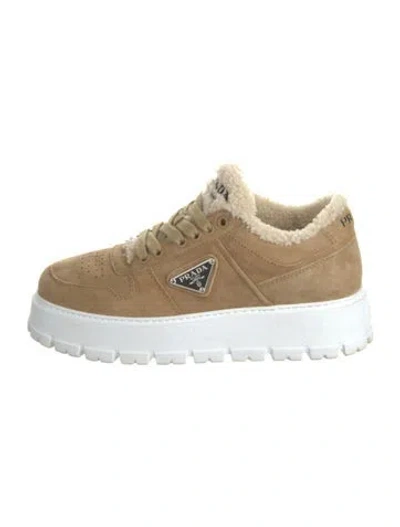 Pre-owned Prada Enameled Metal Triangle Suede Sneakers In Neutral