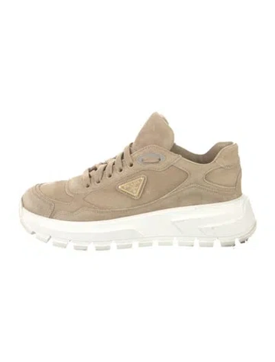 Pre-owned Prada Enameled Metal Triangle Suede Sneakers In Neutral