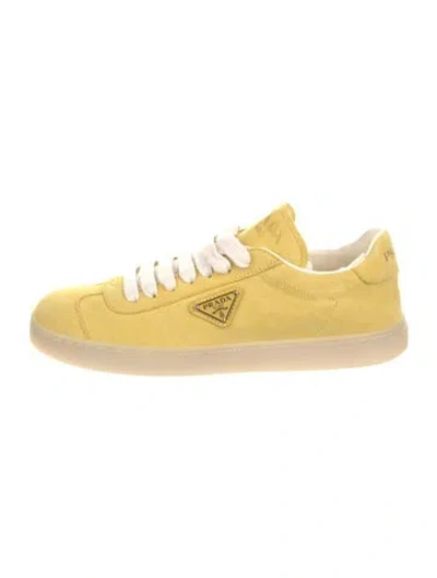 Pre-owned Prada Enameled Metal Triangle Suede Sneakers In Yellow