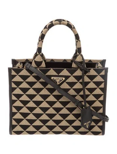 Pre-owned Prada Enameled Metal Triangle Symbole Shopper Small In Black