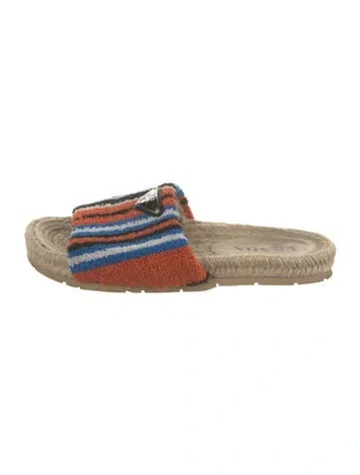 Pre-owned Prada Enameled Metal Triangle Terry Cloth Slides In Blue/orange