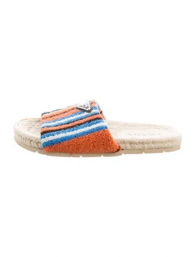 Pre-owned Prada Enameled Metal Triangle Terry Cloth Slides In Blue/orange