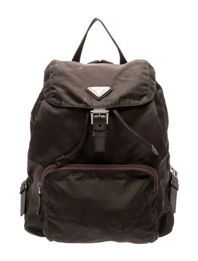 Pre-owned Prada Enameled Metal Triangle Tessuto Nylon Backpack In Brown
