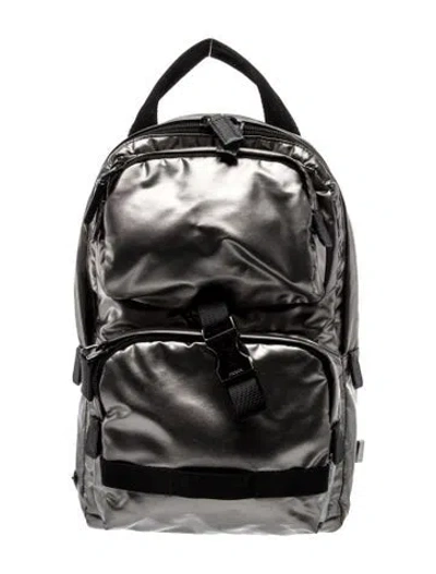 Pre-owned Prada Enameled Metal Triangle Tessuto Nylon Backpack In Gray