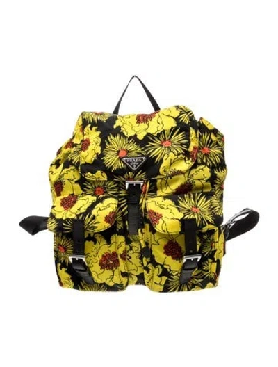 Pre-owned Prada Enameled Metal Triangle Tessuto Nylon Backpack In Yellow