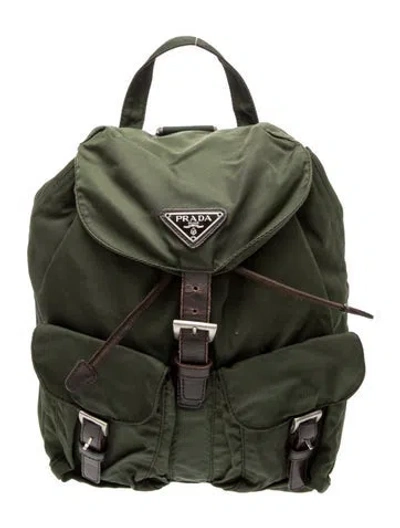 Pre-owned Prada Enameled Metal Triangle Tessuto Vela Backpack In Green