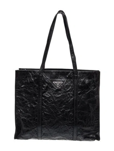 Pre-owned Prada Enameled Metal Triangle Tote In Black