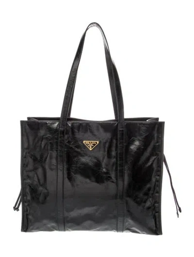 Pre-owned Prada Enameled Metal Triangle Tote In Black