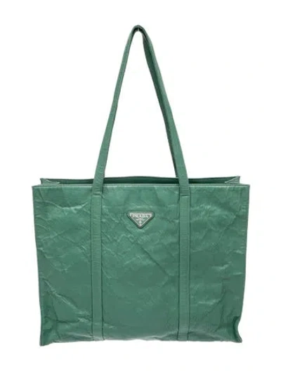 Pre-owned Prada Enameled Metal Triangle Tote In Green