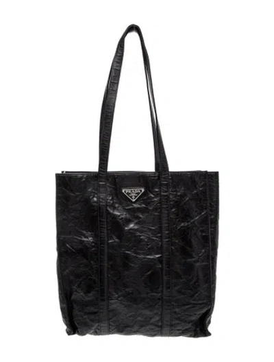 Pre-owned Prada Enameled Metal Triangle Tote Large In Black