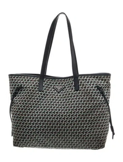 Pre-owned Prada Enameled Metal Triangle Tote Large In Blue