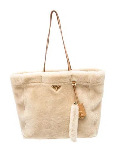 Pre-owned Prada Enameled Metal Triangle Tote Large In Neutral