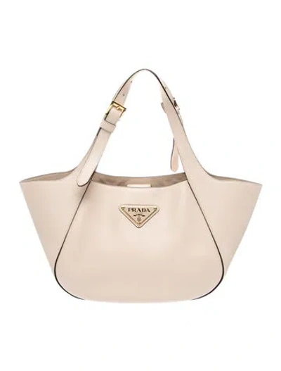 Pre-owned Prada Enameled Metal Triangle Tote Medium 2024 In Neutral