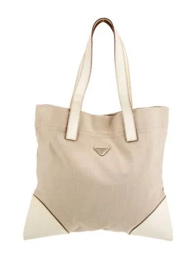 Pre-owned Prada Enameled Metal Triangle Tote In Neutral
