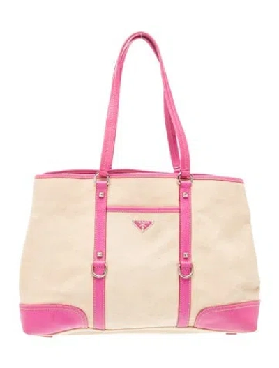 Pre-owned Prada Enameled Metal Triangle Tote In Neutral