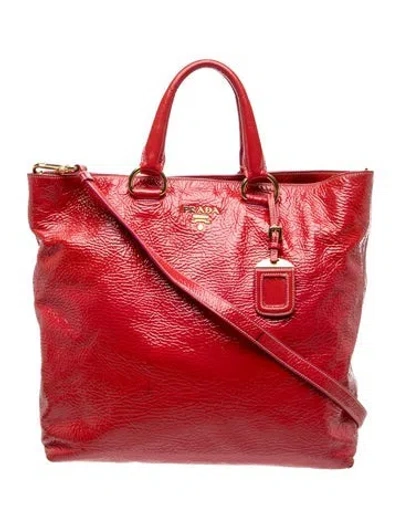 Pre-owned Prada Enameled Metal Triangle Tote In Red