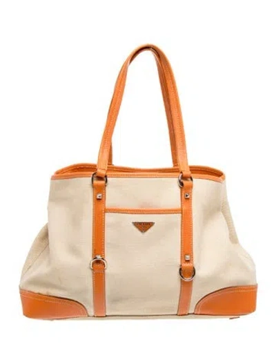 Pre-owned Prada Enameled Metal Triangle Triangle Canvas Tote In Neutral