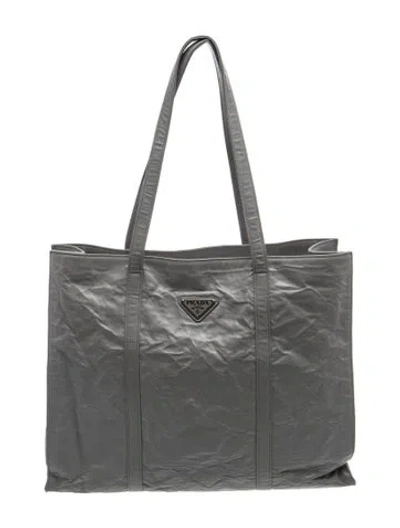 Pre-owned Prada Enameled Metal Triangle Triangle Nappa Antique Leather Tote In Gray