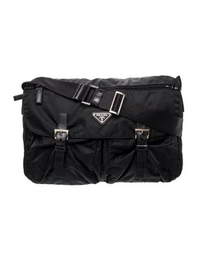 Pre-owned Prada Enameled Metal Triangle Vela Sport In Black