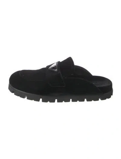 Pre-owned Prada Enameled Metal Triangle Velvet Mules In Black