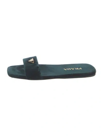 Pre-owned Prada Enameled Metal Triangle Velvet Slides In Blue