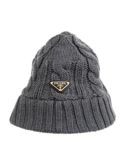 Pre-owned Prada Enameled Metal Triangle Virgin Wool Beanie W/tags In Gray