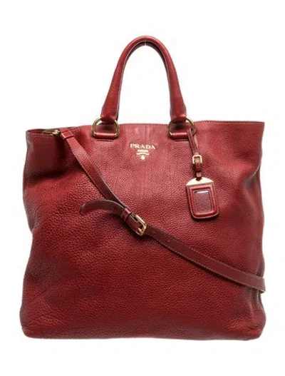 Pre-owned Prada Enameled Metal Triangle Vitello Daino Tote Bag Red 3-way Shoulder Bag