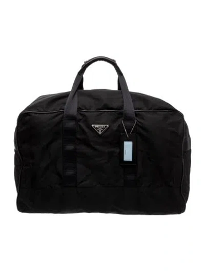 Pre-owned Prada Enameled Metal Triangle Weekender Bag In Black