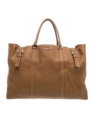 Pre-owned Prada Enameled Metal Triangle Weekender Tote In Brown