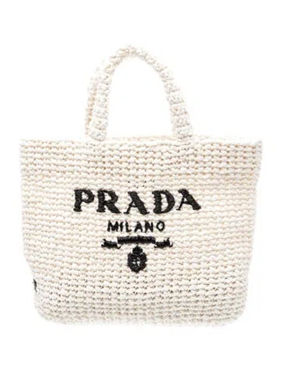 Pre-owned Prada Enameled Metal Triangle White Crochet Raffia Tote