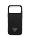Prada Enameled Triangle Leather Phone Case Iphone 17 Pro Max In Black