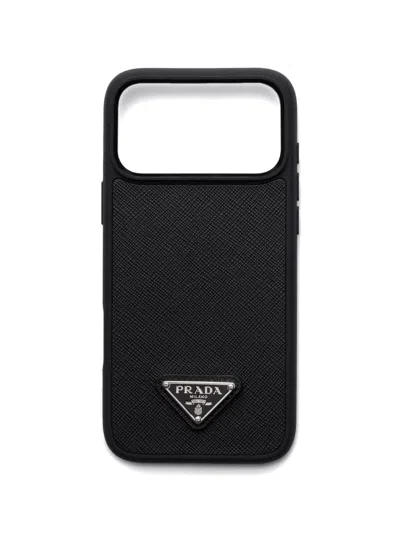Prada Enameled Triangle Leather Phone Case Iphone 17 Pro Max In Black