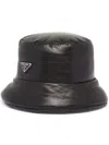 Prada Enamelled-logo Nappa Leather Bucket Hat In Black