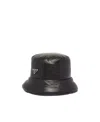 Prada Enamelled-logo Nappa Leather Bucket Hat In Black