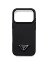 Prada Enamelled Triangle Leather Phone Case Iphone 17 Pro In Black