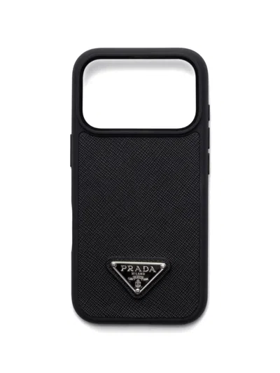 Prada Enamelled Triangle Leather Phone Case Iphone 17 Pro In Black