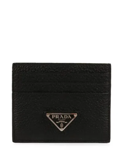 Pre-owned Prada Enamelled Triangle Logo Card Holder In Black