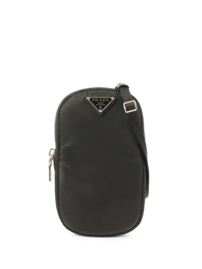 Pre-owned Prada Enamelled Triangle Logo Phone Shoulder Bag In Black