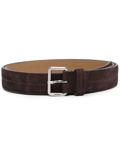 Prada Engraved-buckel Detail Belt In Braun