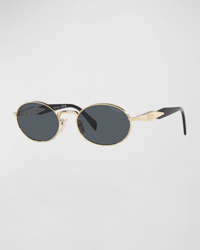 Prada Engraved Logo Metal & Plastic Oval Sunglasses In Dark Grey