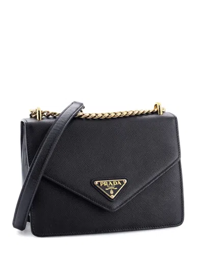 Pre-owned Prada Envelope Flap Chain Shoulder Bag Saffiano Leather Small Crossbody Bag In Black