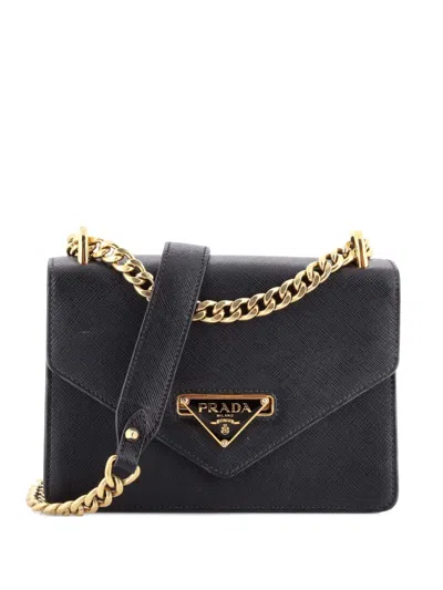 Pre-owned Prada Envelope Flap Chain Shoulder Bag Saffiano Leather Small Crossbody Bag In Black